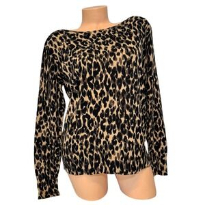 Halogen Women's Size MEDIUM Taupe Cheetah Animal Knit Sweater Boat Neck Pullover